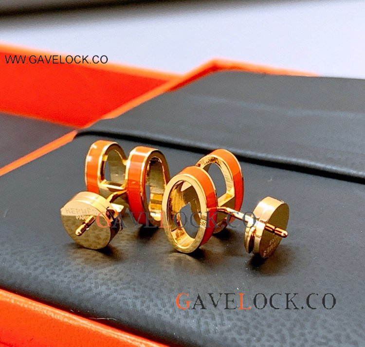 Clone Hermes Pop H Lady Earrings Orange Gold Enamel